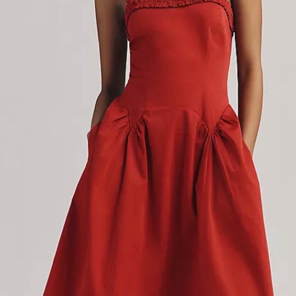 Anthropologie Strapless Red A-Line Dress with Pocket Detail